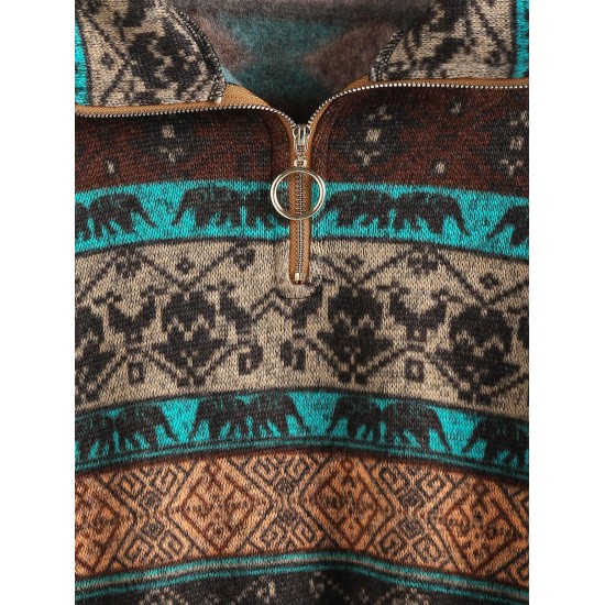 Ethnic Elephant Geo Print Drop Shoulder Quarter Zip Sweatshirt