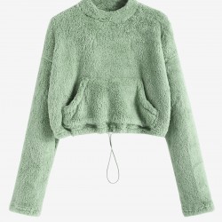 Women's Faux Fur Fluffy Mock Neck Toggle Drawstring Kangaroo Pocket Solid Color Drop Shoulder Crop Sweatshirt