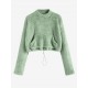 Women's Faux Fur Fluffy Mock Neck Toggle Drawstring Kangaroo Pocket Solid Color Drop Shoulder Crop Sweatshirt