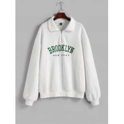 Women's Casual BROOKLYN NEW YORK Letter Embroidered Quarter Zip Cable Textured Pullover Sweatshirt