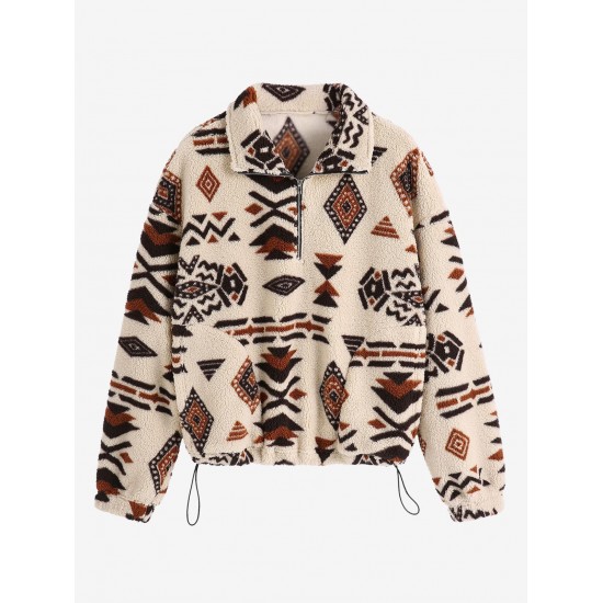 Women's Drop Shoulder Ethnic Aztec Tribal Geo Print Quarter Zip Toggle Drawstring Fluffy Teddy Sweatshirt