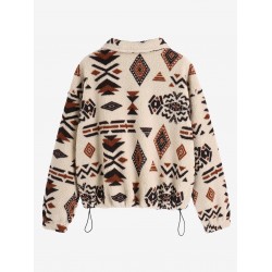 Women's Drop Shoulder Ethnic Aztec Tribal Geo Print Quarter Zip Toggle Drawstring Fluffy Teddy Sweatshirt