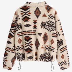 Women's Drop Shoulder Ethnic Aztec Tribal Geo Print Quarter Zip Toggle Drawstring Fluffy Teddy Sweatshirt