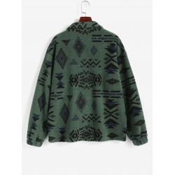 Front Pocket Fluffy Quarter Zip Ethnic Aztec Printed Sweatshirt